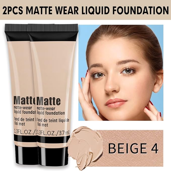 2 Pack Liquid Foundation Cream for Face Makeup,Durable Full Coverage Matte Concealer Make Up,Oil Control & Waterproof Base Primer -1+1 Fl.Oz-BEIGE 4#-FemmiqueWomen
