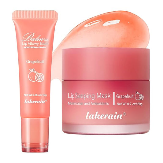 2Pcs Lip Glowy Balm and Lip Sleeping Mask Set, with 4 Flavor Options - Reduce Lip Lines, Enhance Lip Color, Hydrate & Plump Dry Chapped Lips Care (Grapefruit)-FemmiqueWomen