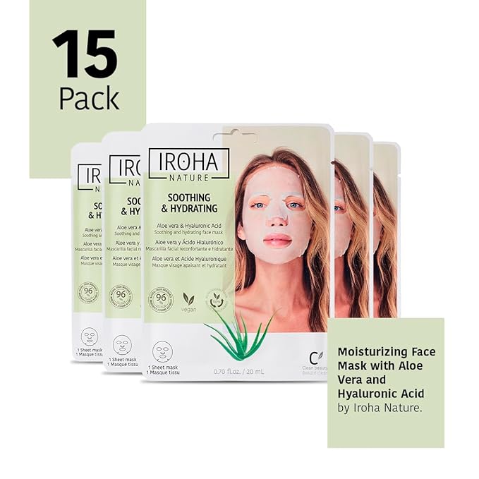 IROHA NATURE Comforting & Hydrating Tissue Face Mask with Aloe Vera | 15 Pieces | Aftersun Effect | 96% Natural Ingredients-FemmiqueWomen