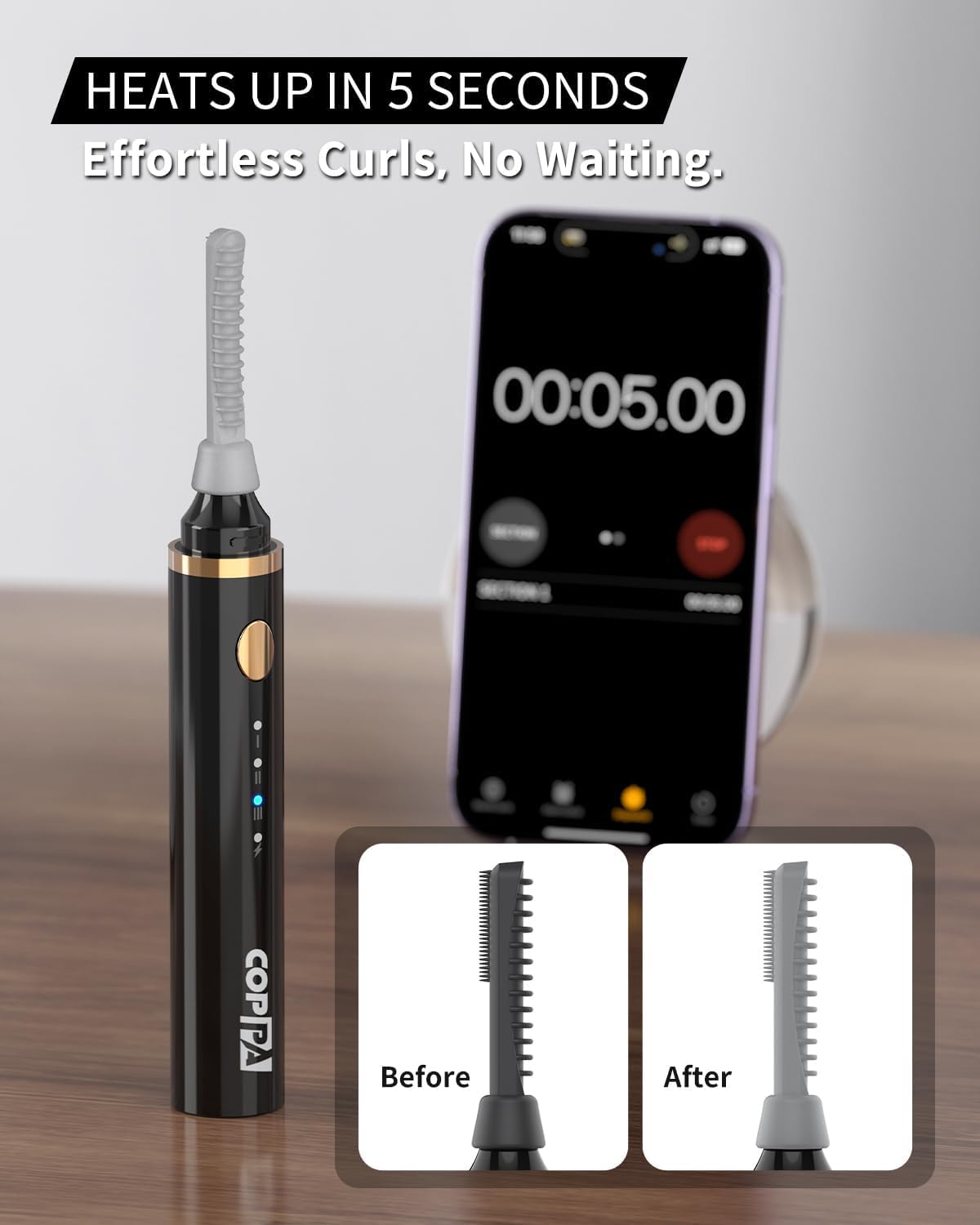 COPPA Electric Lash Curler, LP-1 Lipstick Type 3-in-1 Heated Eyelash Curler with 3 Brush Heads 3 Curling Modes and 3 Temp & 5s Quick Heat-up, Perfect for Beginners and Makeup Pros, Black-FemmiqueWomen