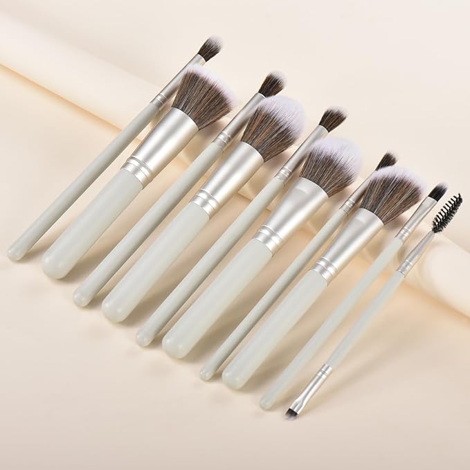 10 Piece Makeup Brushes - Grayish Green Wooden Handle with Soft Synthetic Bristles,for Face & Eye Makeup|Professional Makeup Brushes set for Women & Girls|-FemmiqueWomen