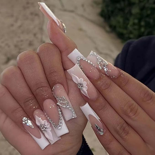 Long French False Nails Square Press on Nails Nude Daisy Nails Tips Full Cover Butterfly Fake Nails for Women and Girls 24Pcs