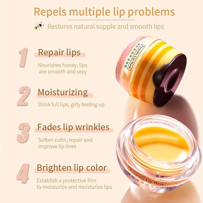 2PCS Bee Lip Balm Honey Pot,Honey Lip Mask Propolis Moisturizing Lip Balm with Stick,Propolis Moisturizing Honey Lip Balm,Hydrating & Prevention Dry and Cracked Lip,Lip Care Skin Care Products-FemmiqueWomen
