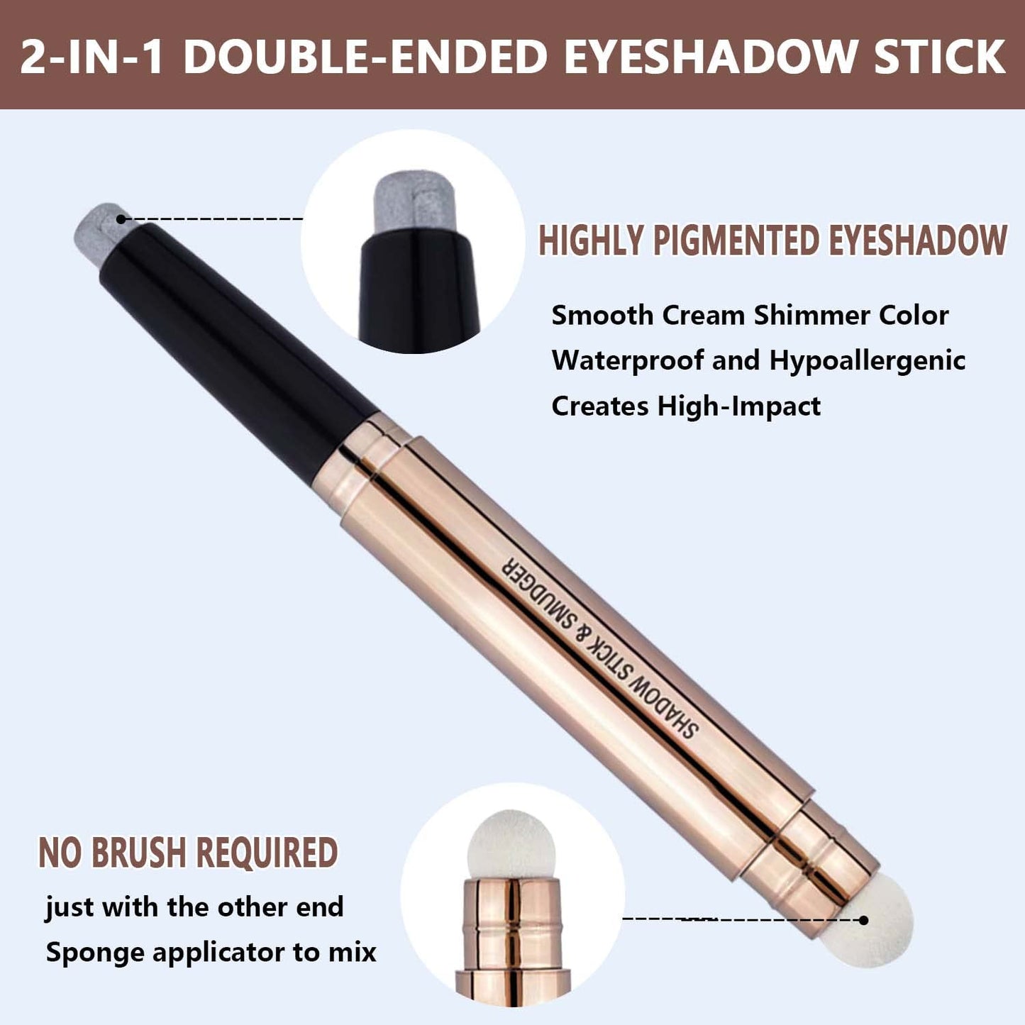 2 in 1 eyeshadow stick and Sponge Makeup Brush, Smooth Cream Shimmer Shadow Pencil Long Lasting Waterproof Eye Shadow Highlighter Stick Makeup , HypoallergenicHighlighter Multi-Dimensional eyes Look-FemmiqueWomen