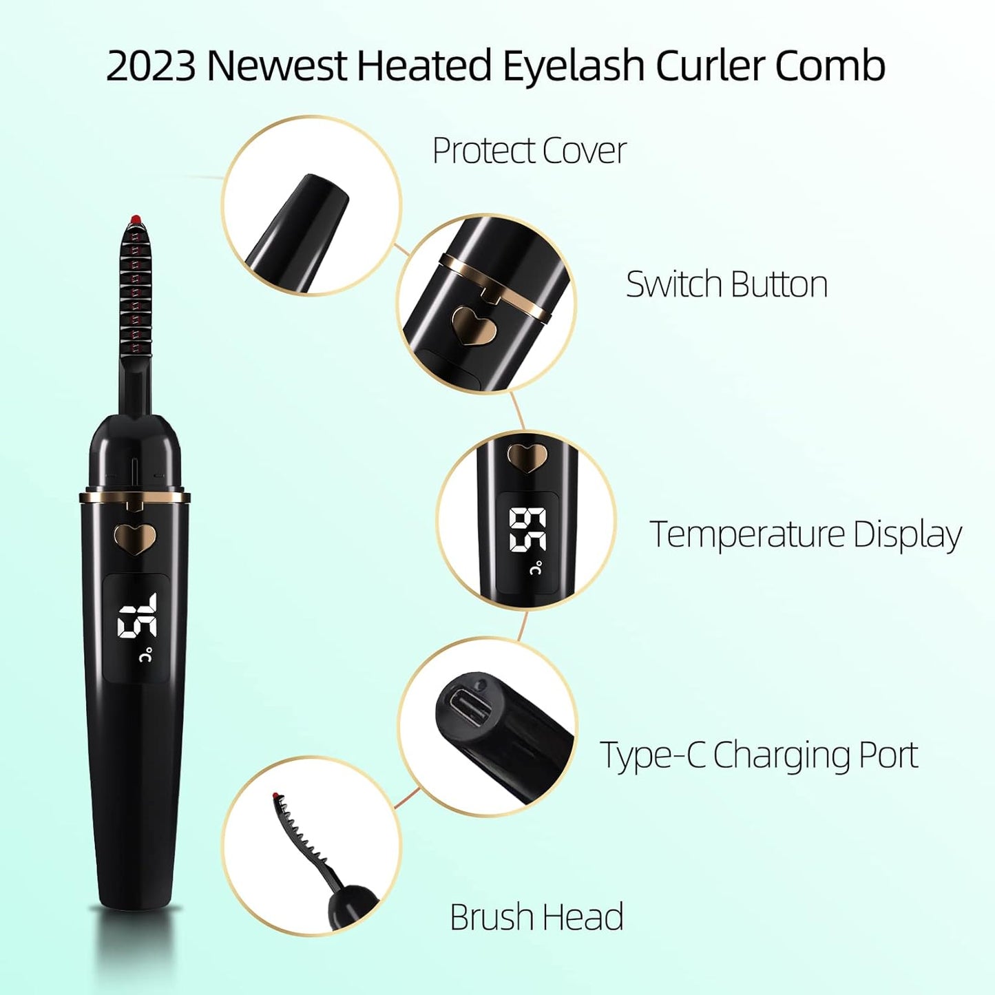 ZAPAL Heated Eyeash Curler, S600 Rechargeable Heated lash Curler, Intelligent Power Off Electric Eyelash Curler Heated Quickly 24 Hs Lasting Natural Makeup for Woman (Jet Black/Gold, X8-132mm)-FemmiqueWomen