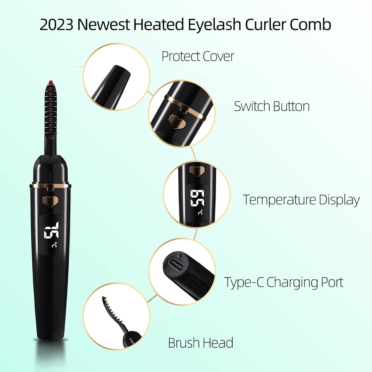 ZAPAL Heated Eyeash Curler, S600 Rechargeable Heated lash Curler, Intelligent Power Off Electric Eyelash Curler Heated Quickly 24 Hs Lasting Natural Makeup for Woman (Jet Black/Gold, X8-132mm)-FemmiqueWomen