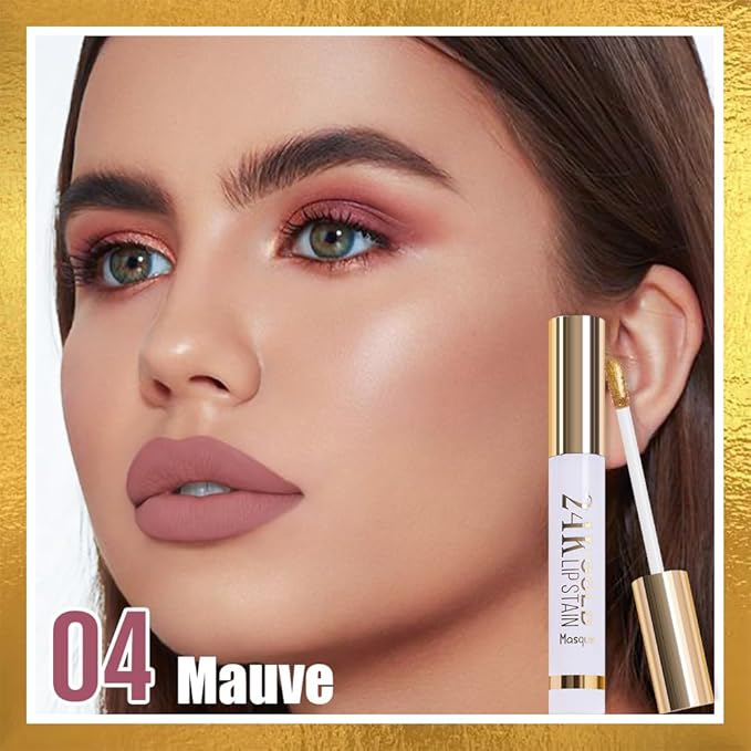 2025 New 24K Gold Liquid Lip Gloss Peel Off Lip Stain Tattoo with Tweezer, Mauve Lips Stain Peel Off Masque, Long Lasting Waterproof Lip Tint Stain, Transfer-proof for All Skin Types 04#-FemmiqueWomen