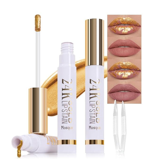 2Pcs 2025 New 24K Gold Liquid Lip Gloss Peel Off Lip Stain Tattoo with Tweezer, Lips Stain Peel Off Masque, Long Lasting Waterproof Lip Tint Stain, Transfer-proof for All Skin Types 03#+04#-FemmiqueWomen