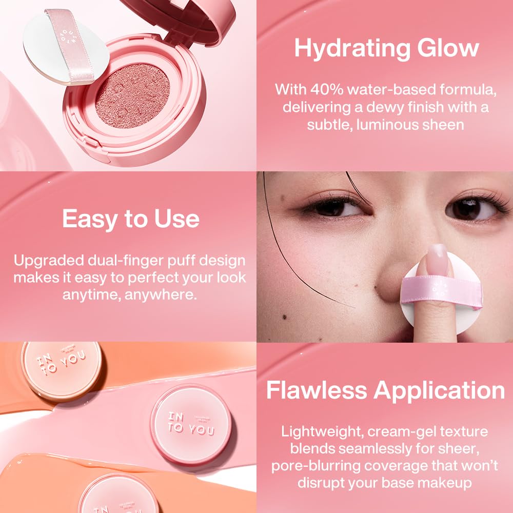 INTO YOU Cream Blush Air Cushion for Cheeks Eyes, Moisturizing, Lightweight, Dewy Finish Face Makeup, Long Wearing, Buildable, Blendable, Pigmented Liquid Blush, for All Skin Tones, Spring Apricot-FemmiqueWomen