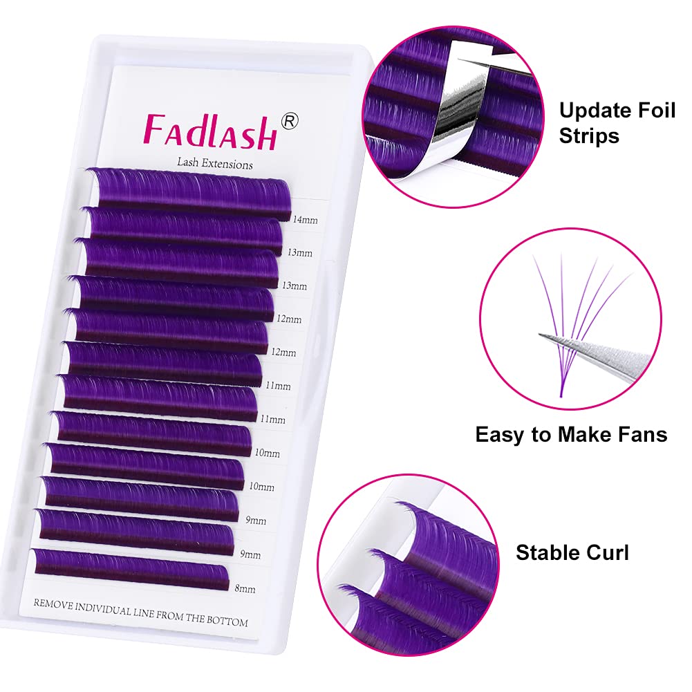 Easy Fan Volume Lashes D Curl Mixed Tray Purple Volume Eyelash Extensions 8-14mm Rapid Blooming Lash Extension Supplies by FADLASH (Purple 0.07-D-Mix)-FemmiqueWomen