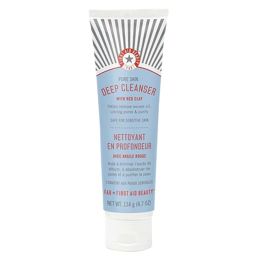 First Aid Beauty - Pure Skin Deep Cleanser with Red Clay, Deep Cleansing Face Wash with Antioxidant Booster for Oily and Blemish-Prone Skin, Reduce Oil & Unclog Pores, Safe for Sensitive Skin, 4.7 oz-FemmiqueWomen