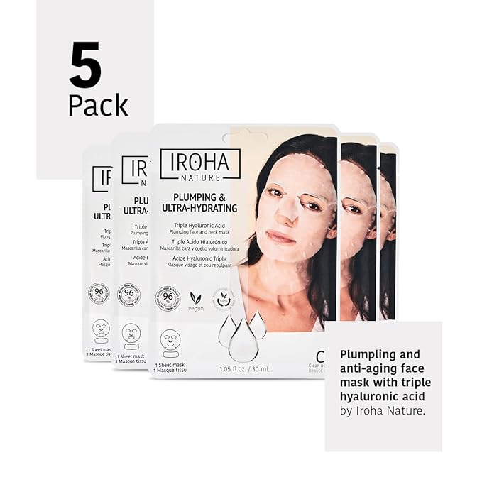IROHA NATURE Replumping & Anti-Aging Tissue Face Mask (Pack of 5) | With Triple Hyaluronic Acid | Deep Hydration & Anti-Aging Effect | For Softer Skin | 100% Vegan-FemmiqueWomen