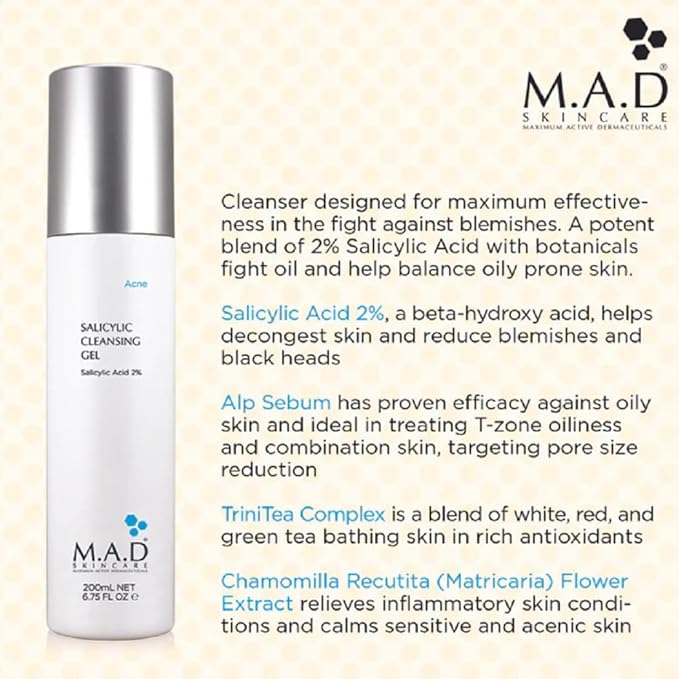 M.A.D Skincare Salicylic Cleansing Gel - Acne Facial Wash 6.75 oz.-FemmiqueWomen