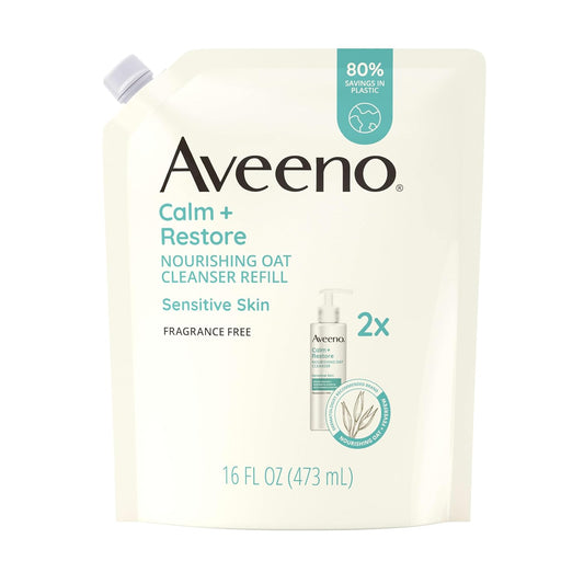 Aveeno Calm + Restore Nourishing Oat Facial Cleanser for Sensitive Skin, Gentle Face Wash with Nourishing Oat & Calming Feverfew, Hypoallergenic, Fragrance-Free, Refill Pouch, 16 fl. oz-FemmiqueWomen