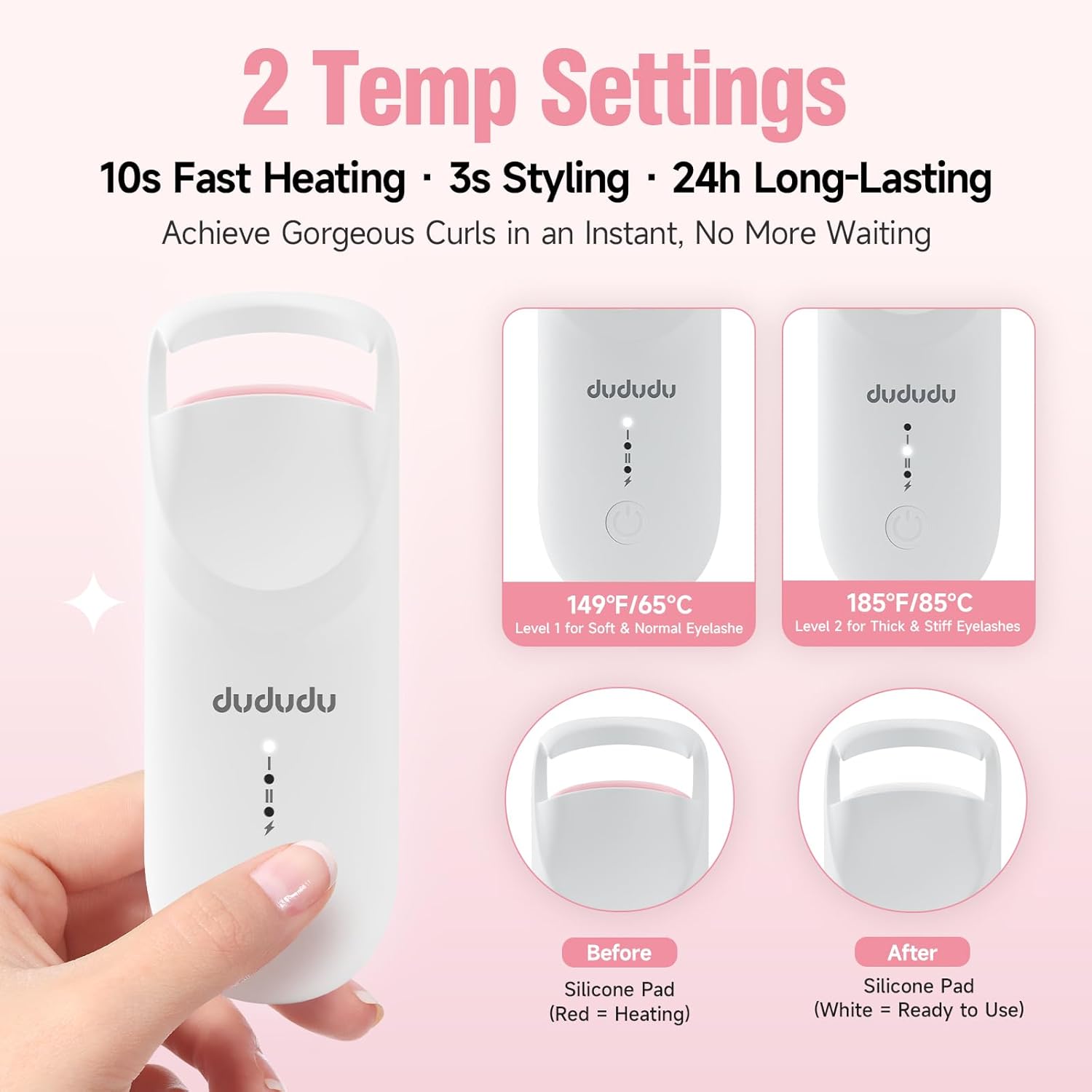DUDUDU Heated Eyelash Curler, Portable Travel-Size Mini Electric Heated Lash Curler - 2-Level Adjustable Temp & Type-C Recharge, 10S Heat 3S Style 24H Lift for Long-Lasting Natural Effortless Curves-FemmiqueWomen