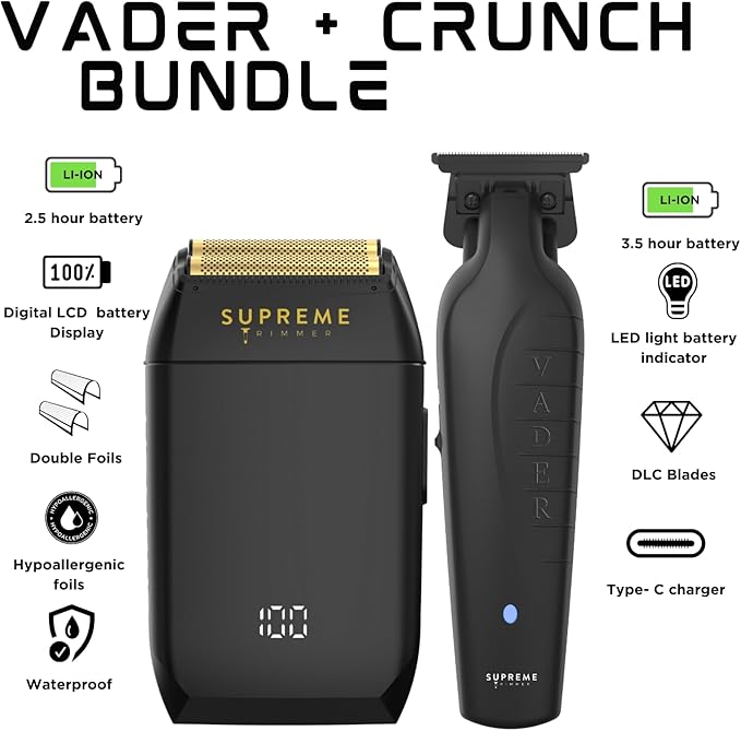 Supreme Trimmer Vader Trimmer & Crunch Foil Shaver Barber Haircutting Kit | Professional DLC T-Blade Beard Trimmer ST3778 & STF602 Waterproof IPX6 Shaver Set | (Black)