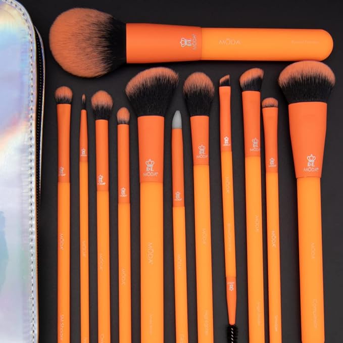 MODA Totally Electric Neon Orange Full Face Makeup Brush Kit – 13pc Vibrant Brush Set for Face & Eyes with Zip Case-FemmiqueWomen