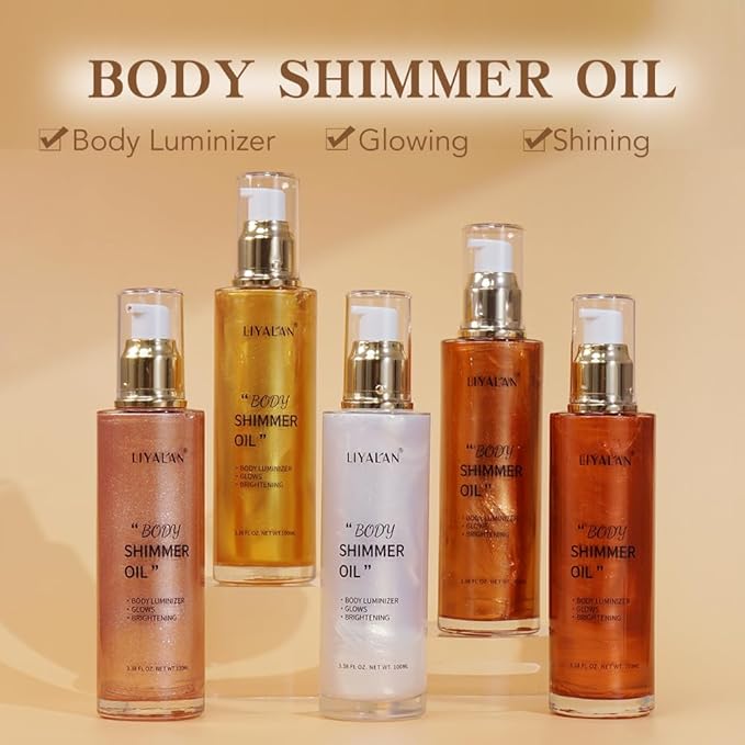 Liyalan Shimmer Body Oil Rose Gold 5 Color Bronze Face Glow Pearl Highlighter Illuminator body Makeup Shine Glitter Gold Liquid Taning 3.38 Fl Oz-FemmiqueWomen