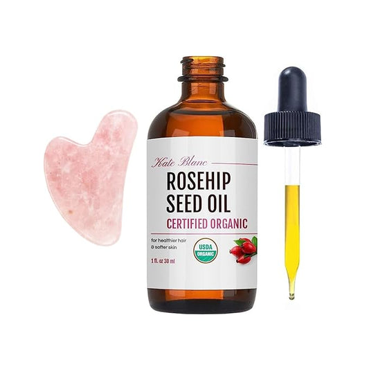 Kate Blanc Cosmetics Rosehip Oil for Face with Pink Gua Sha Stone (1oz, Organic, Pure, Cold Pressed) Rosehip Seed Face Oil for Gua Sha Massage-FemmiqueWomen