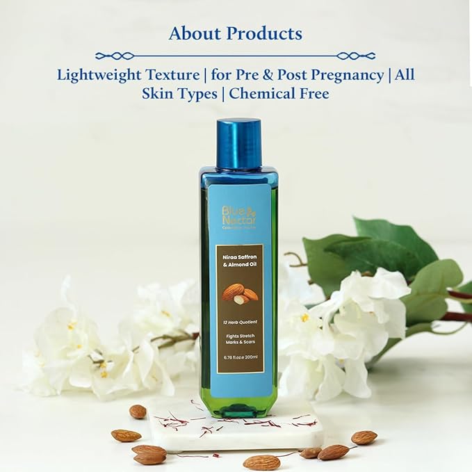 Blue Nectar Saffron & Almond Oil, Ayurveda Product for Crepey Skin | Skin Firming Body Oil for Stretch Marks (12 Herbs, 6.76 Fl Oz)-FemmiqueWomen