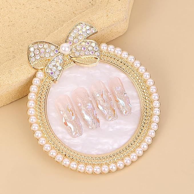 2 Pack Bow with Rhinestones Pearl Nail Art Palette Nail Polish Art Painting Mixing Palette Holder Pearl Edge Professional Cosmetic Nail Art Tools for Women and Girls Nail Polish Display-FemmiqueWomen