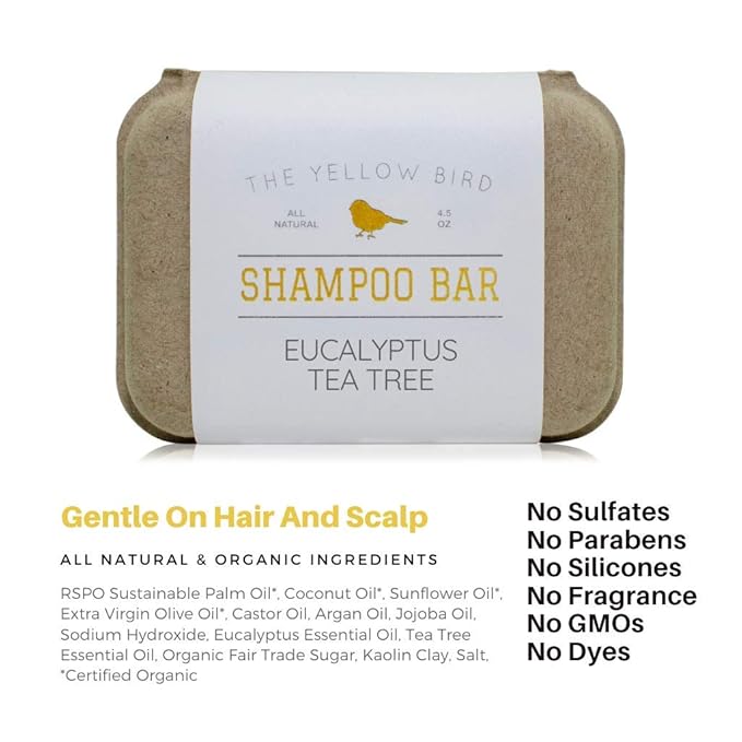 The Yellow Bird Eucalyptus Tea Tree Shampoo Bar. All Natural & Organic Ingredients. Sulfate Free, Detergent Free, Color Safe, and Silicone Free. Vegan, Plastic Free, Zero Waste Shampoo Soap-FemmiqueWomen