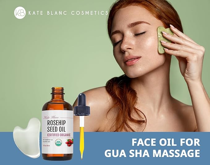 Kate Blanc Cosmetics Rosehip Oil for Face with Stainless Gua Sha (1oz, Organic, Pure, Cold Pressed) Rosehip Seed Face Oil for Gua Sha Massage-FemmiqueWomen