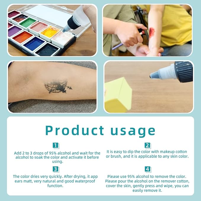 12 Colors Alcohol Activated Makeup Palette Set with Mimic Wound Sponge Makeup Egg for SFX Makeup Halloween Makeup-FemmiqueWomen