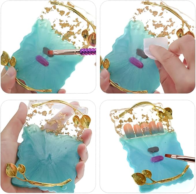 2023 Retro Nail Art Palette, Nail Painting Mixed Color Palette with Leaves Handle, Nail Holder Gel Color Makeup Display Board Pallet (Blue)-FemmiqueWomen