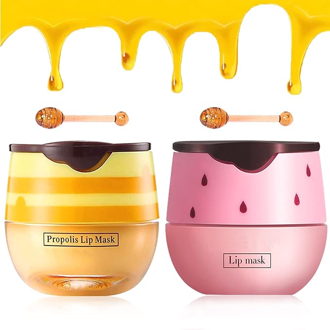 2 PCS Bee Lip Balm Lip Mask Honey Pot, Honey & Strawberry Lip Mask Propolis Moisturizing Lip Balm with Stick - Hydrating Prevention Dry and Cracked Lip Scrubs Exfoliato Lip Wrinkle Care-FemmiqueWomen
