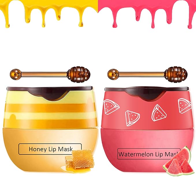 2 PCS Bee Lip Balm Honey Pot,Honey&Watermelon Lip Mask Overnight Moisturizing Prevention Dry and Cracked Lip Scrubs Exfoliator Lip Care,Lip Sleeping Mask Reduces Lip Lines-FemmiqueWomen