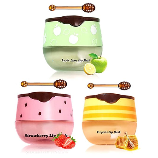 3Pcs Honey Lip Balm Honey Pot, Strawberry& Apple Lime Lip Mask Overnight Propolis Moisturizing Lip Balm Hydrating Prevention Dry and Crack Lip Scrubs Exfoliator, Beeswax with Vitamin E-FemmiqueWomen