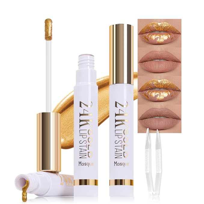 2Pcs 2025 New 24K Gold Liquid Lip Gloss Peel Off Lip Stain Tattoo with Tweezer, Lips Stain Peel Off Masque, Long Lasting Waterproof Lip Tint Stain, Transfer-proof for All Skin Types 01#+02#-FemmiqueWomen