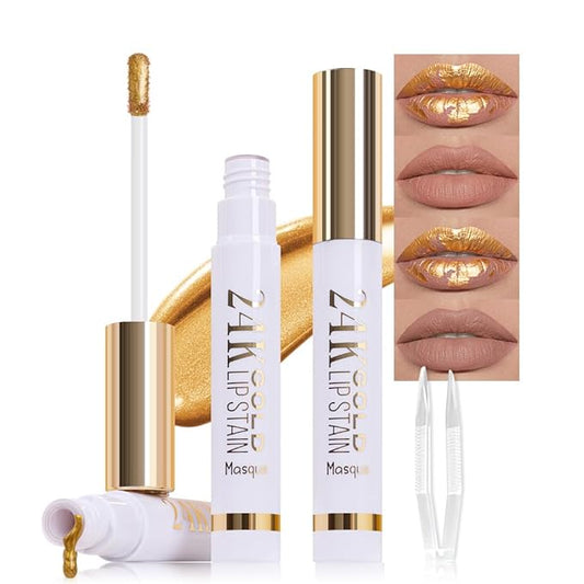 2Pcs 2025 New 24K Gold Liquid Lip Gloss Peel Off Lip Stain Tattoo with Tweezer, Lips Stain Peel Off Masque, Long Lasting Waterproof Lip Tint Stain, Transfer-proof for All Skin Types 01#+02#-FemmiqueWomen
