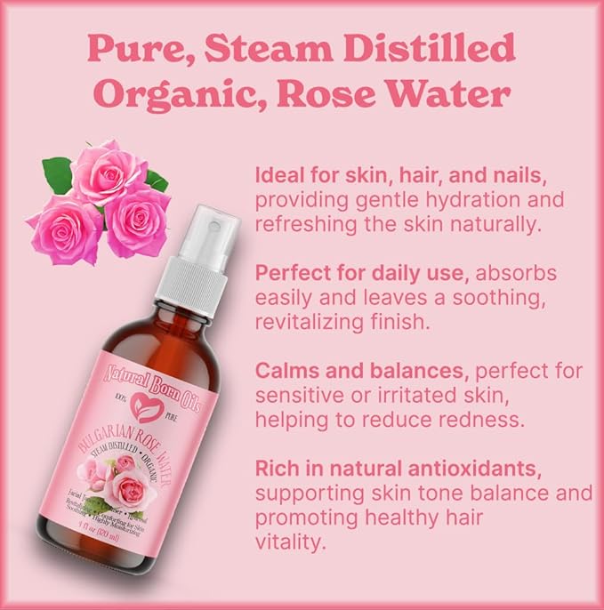 Natural Born Oils 8oz Rose Water Hydrosol, 100% Pure and Natural, Organic, Steam-distilled, Facial Toner Cleanser, with Sprayer, 8-Rose-Water-FemmiqueWomen