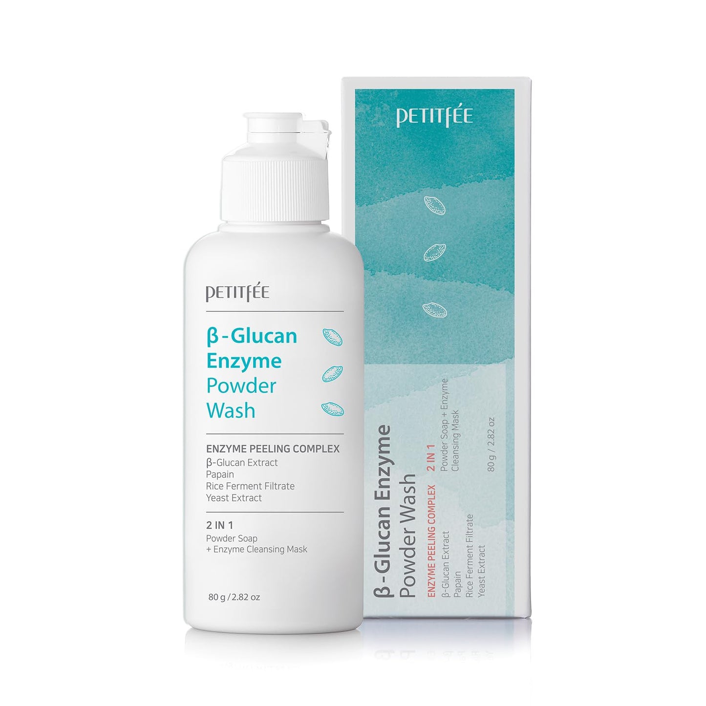 Petitfee B-Glucan Enzyme Wash, Facial Cleanser, Cleansing Powder with Papaya Extract Papain, Rice Ferment Extract for Gentle, Daily Exfoliation, Powder Soap, Cleansing Mask (80g (2.82o.z))-FemmiqueWomen