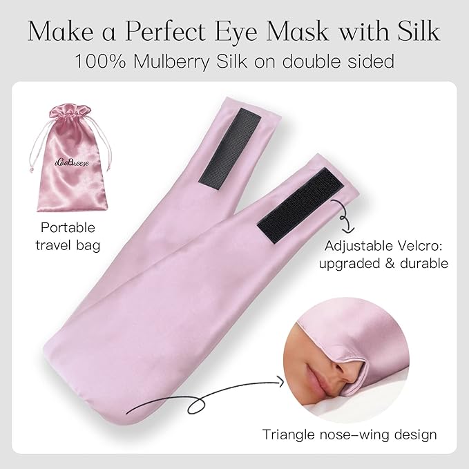 100% Natural Silk Eye Mask for Women Men, Soft Pressureless Cooling Blackout Eye Covers for Sleeping, Large Size Sleep Mask fits All Heads Adjustable, 1PC, Lotus Pink-FemmiqueWomen