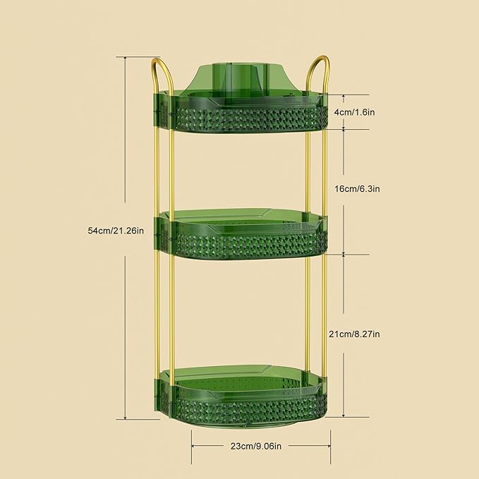 Rotating Makeup Organizer for Vanity 3 Tier, Perfume Organizer with Makeup Brush Holder, Large Capacity Cosmetics Clear Skincare Organizer for Countertop (Green)-FemmiqueWomen