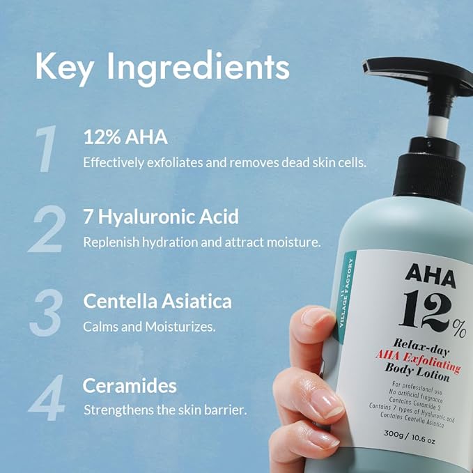 V11FACTORY AHA 12% Glycolic Acid Body Lotion – Korean Exfoliating & Hydrating Body Cream with Hyaluronic Acid & Collagen – Unscented, Paraben-Free Skin Smoothing Moisturizer, 10.6 oz-FemmiqueWomen