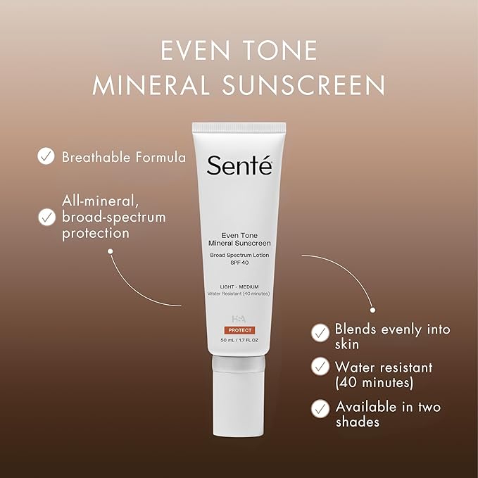Senté Even Tone Mineral Sunscreen Tinted | SPF 40 Light-Medium | Hydrating, Lightweight Sun Protection Treatment for Redness & Discoloration | UVA/UVB & Blue Light Defense | 1.7 oz-FemmiqueWomen