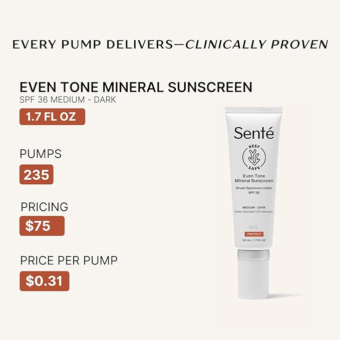 Senté Even Tone Mineral Sunscreen Tinted | SPF 36 Medium-Dark | Hydrating, Lightweight Sun Protection Treatment for Redness & Discoloration | UVA/UVB & Blue Light Defense | 1.7 oz-FemmiqueWomen