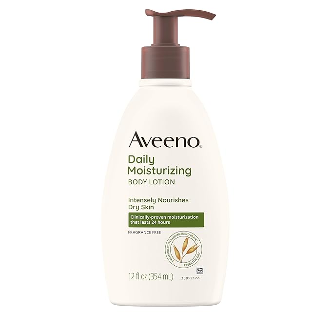 Aveeno Daily Moisturizing Body Lotion with Soothing Prebiotic Oat, Gentle Lotion Nourishes Dry Skin With Moisture, Paraben-, Dye- & Fragrance-Free, Non-Greasy & Non-Comedogenic, 12 fl. Oz-FemmiqueWomen