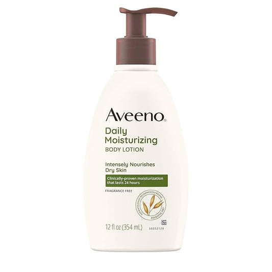 Aveeno Daily Moisturizing Body Lotion with Soothing Prebiotic Oat, Gentle Lotion Nourishes Dry Skin With Moisture, Paraben-, Dye- & Fragrance-Free, Non-Greasy & Non-Comedogenic, 12 fl. Oz-FemmiqueWomen