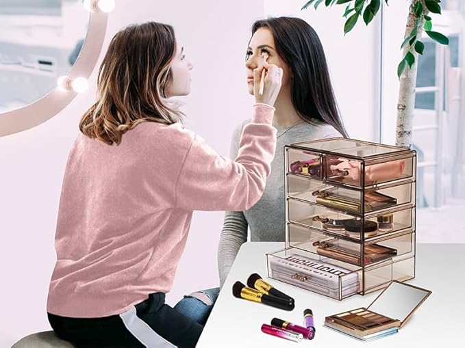 Sorbus Acrylic Clear Makeup Organizer - Big & Spacious Cosmetic Display Case - Stylish Designed Jewelry & Make Up Organizers and Storage for Vanity, Bathroom (4 Large, 2 Small Drawers) [Bronze Glow]-FemmiqueWomen