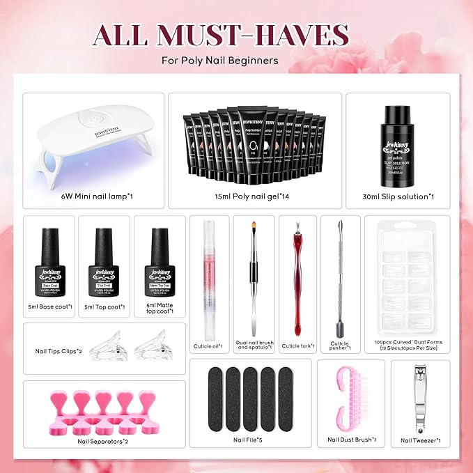 JEWHITENY 14 PCS Poly Nail Gel Kit Poly Extension Gel Kit Starter Kit With Slip Solution Professional Extension Set With LED Lamp Nail Art Design Beginner All In One-FemmiqueWomen