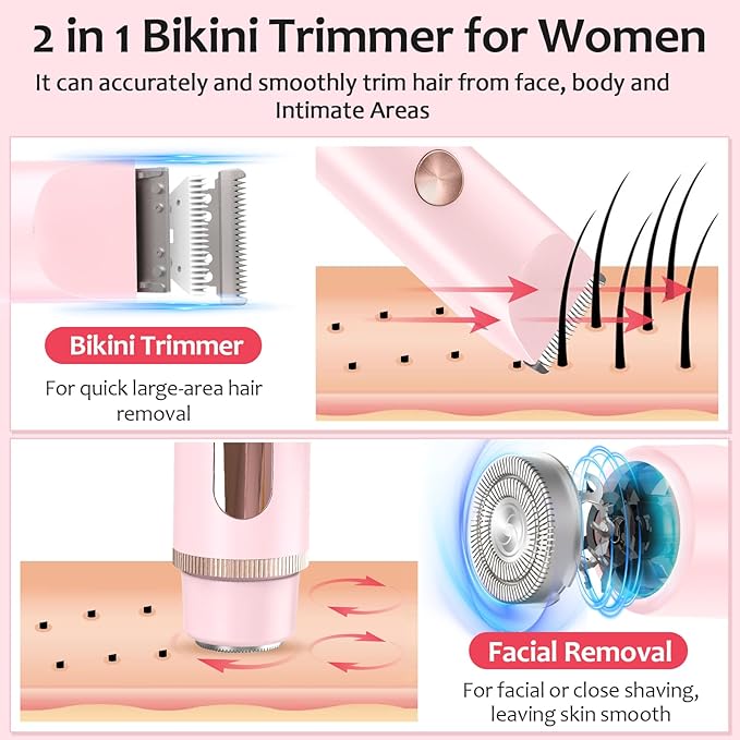 2025 Upgraded Bikini Trimmer for Women - 2 in 1 Dermave Bikini Shaver with LED Display, Dual Head Cordless Electric Shaver, IPX7 Waterproof Wet/Dry Body Hair Trimmer for Face, Body & Intimate Areas-FemmiqueWomen