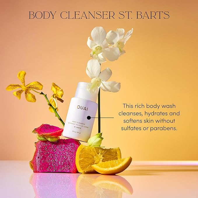 OUAI Body Cleanser, St. Barts Travel Size - Foaming Body Wash with Jojoba Oil & Rosehip Oil to Hydrate, Balance & Soften Skin - Paraben, Phthalate & Sulfate Free Skin Care Products (3 fl oz)-FemmiqueWomen