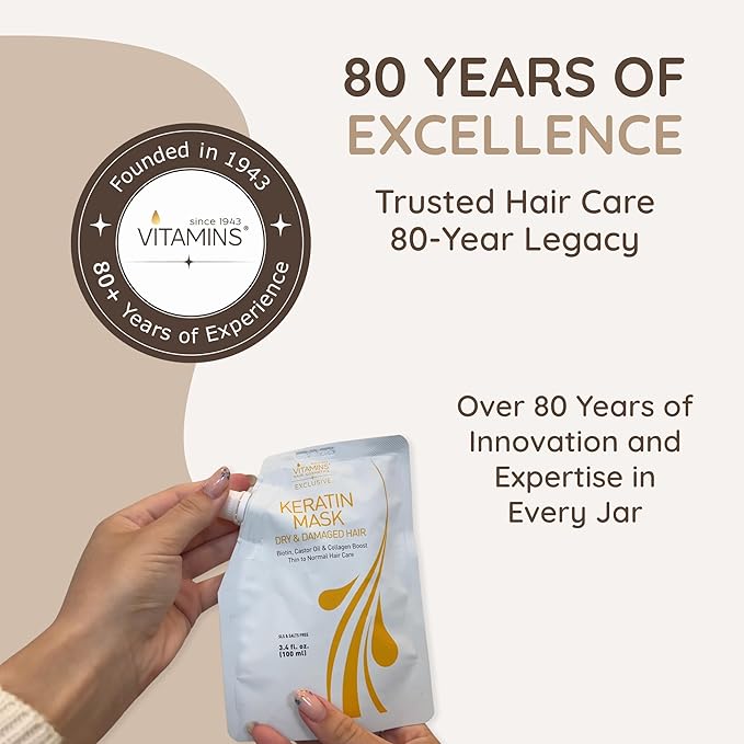 VITAMINS hair cosmetics Keratin Hair Mask - Deep Repair Conditioner with Biotin & Castor Oil - For Damaged, Dry, Curly, Straight, Thin & Fine Hair - Intense Collagen Protein Treatment-FemmiqueWomen