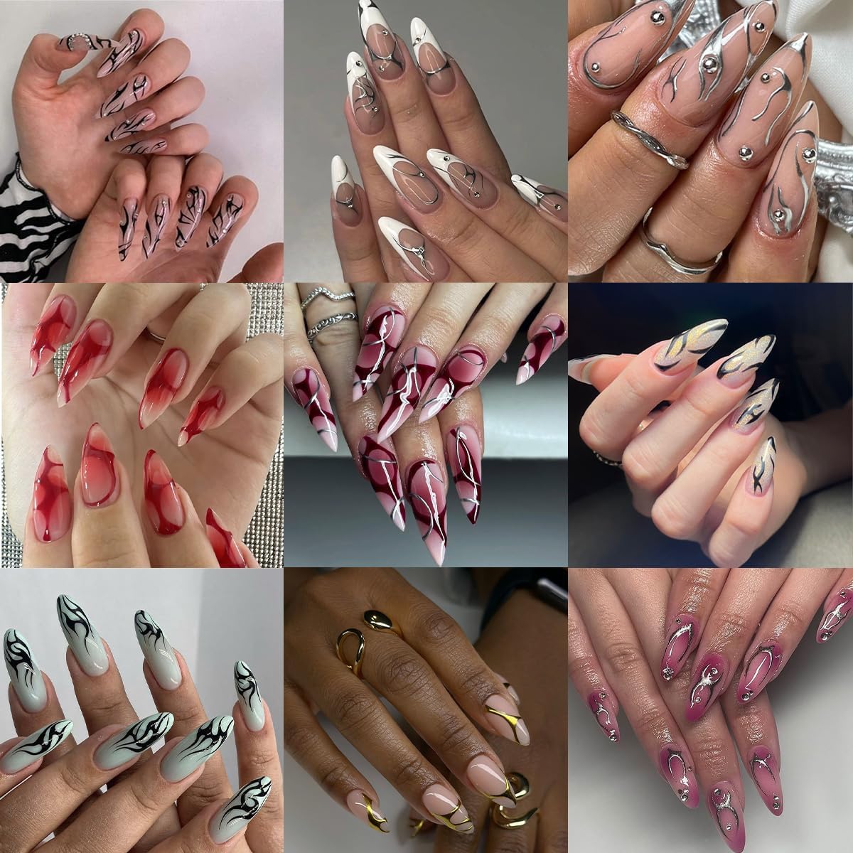 3D Nail Stickers Geometric Nail Art Stickers Fishbone Line Nail Decals Red Gold Black Silver White Irregular Line Mixed Star Design Gothic Nail Sticker for Nail Art Decor Manicure for Women 6Sheets-FemmiqueWomen