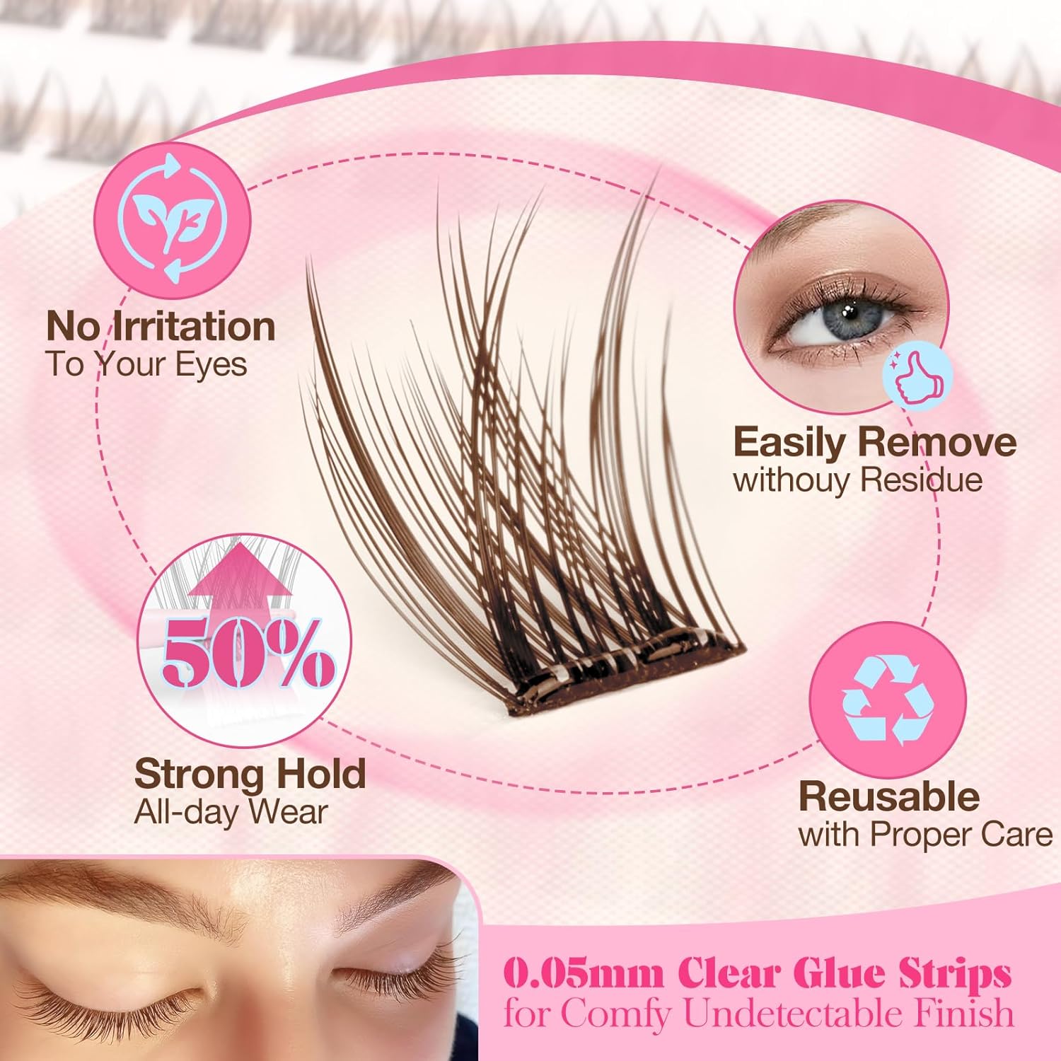 Yawamica Self Adhesive Eyelashes Brown Lash Clusters No Glue Needed Press on Lashes Reusable Pre-glued Eyelash Clusters 8-14mm Wispy Individual Lashes C Curl Cluster Lashes DIY Brown Lash Extension-FemmiqueWomen